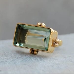 14k Gold Plated Gold and Aquamarine Rectangular Gemstone Ring